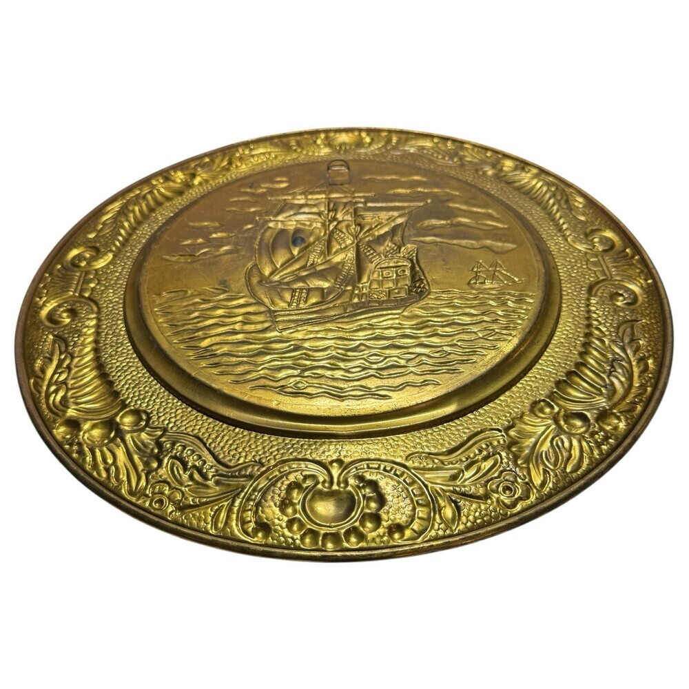 Brass Charger Plate Baroque Border Sailing Ship Nautical Hammered Embossed 14" - Picture 6 of 6